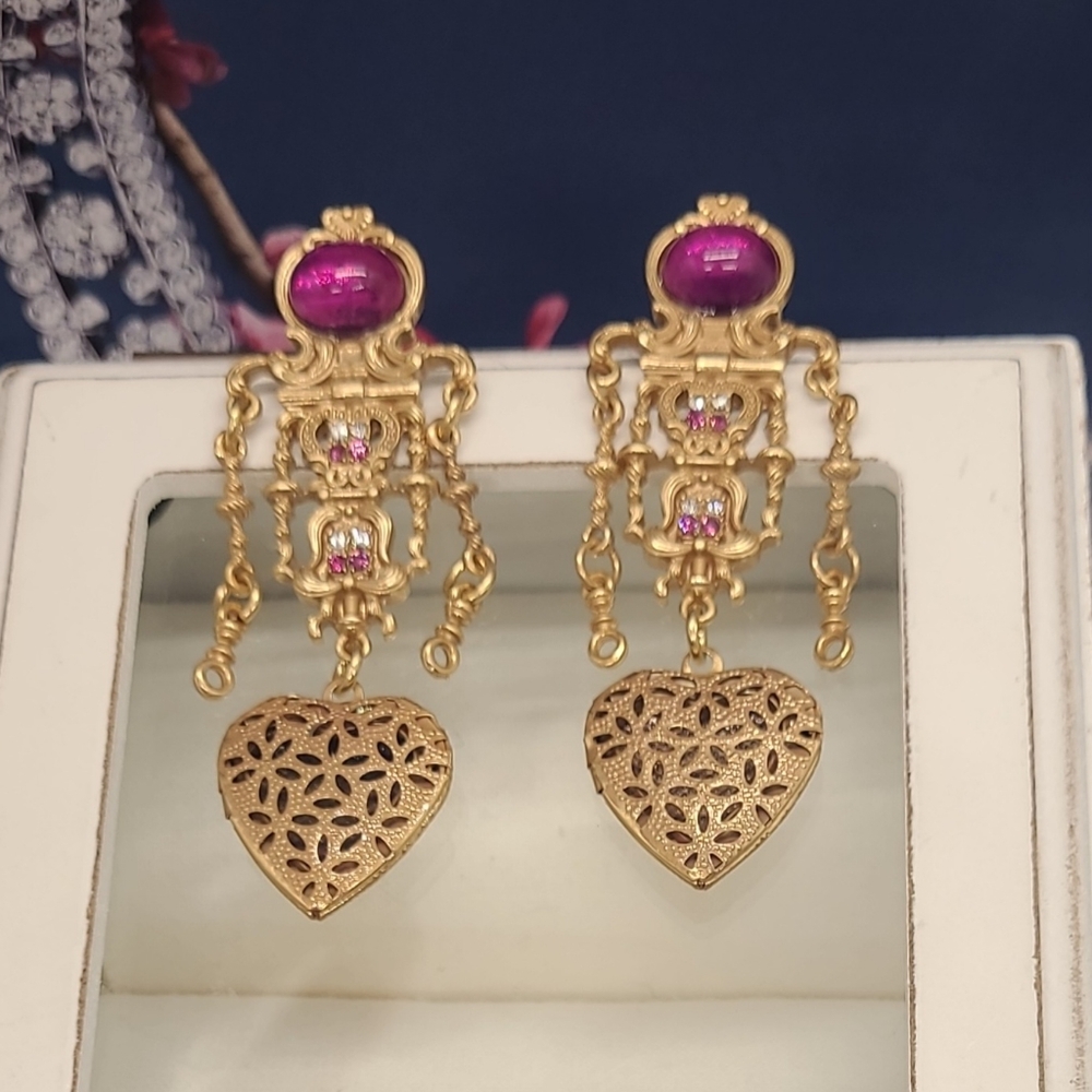 Vintage Estate Signed Multistone Dangle Heart Locket Gold Earrings - Picture 2 of 10